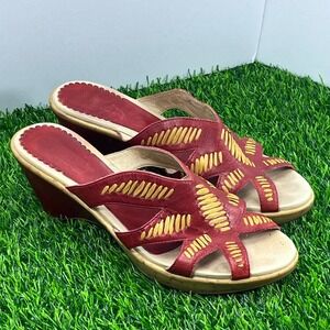 Pikolinos Red Leather Wedge Sandals Women's Sz 40 US 9.5-10 Woven Detail Slip On